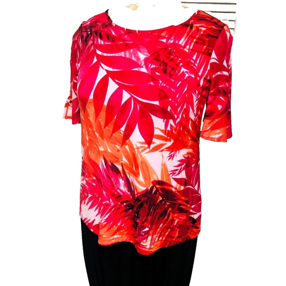Susan Graver Womens Liquid Knit Top S M Red Abstract Split Sleeve Slinky Comfy‎